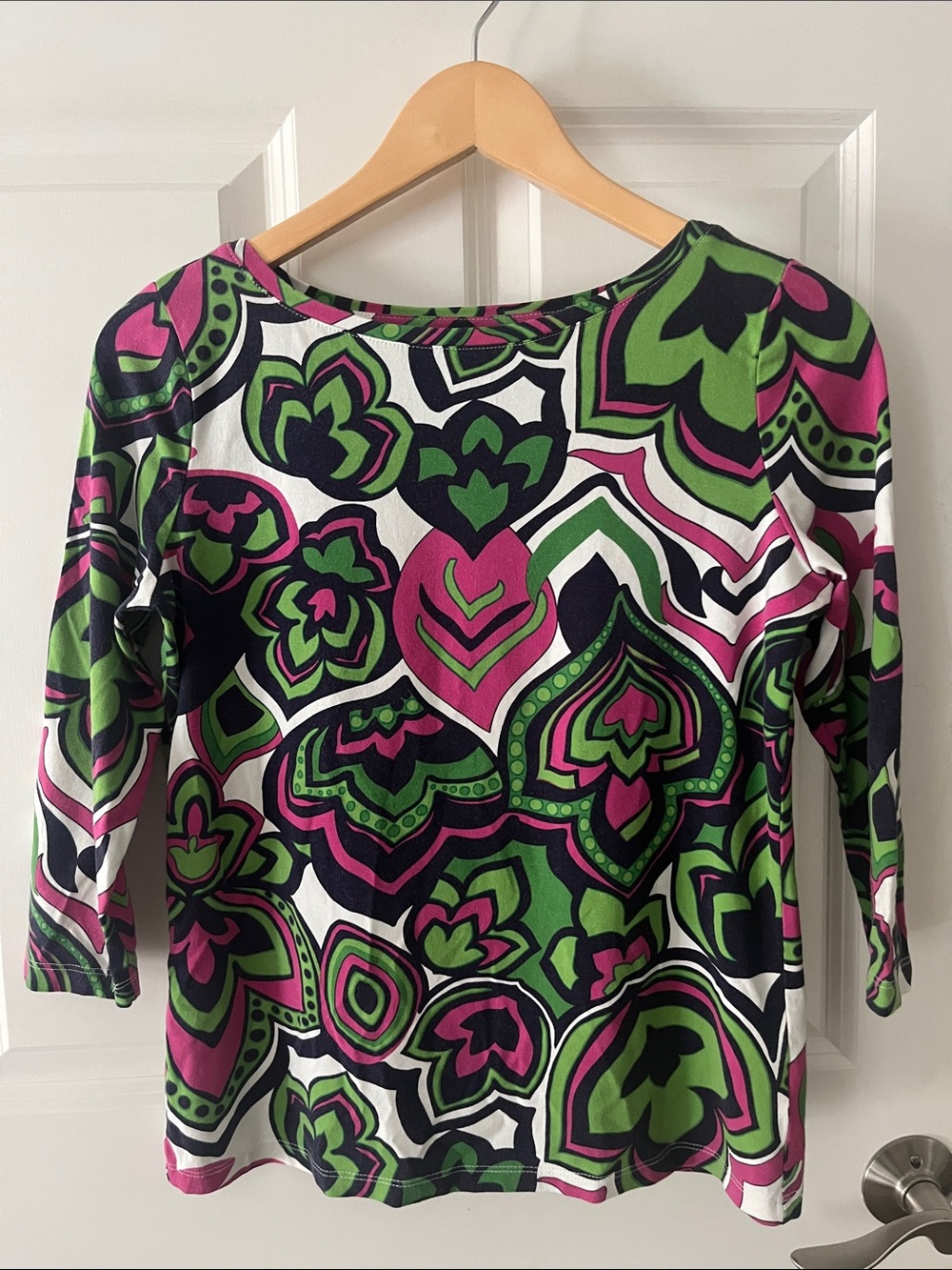 Talbots Women's Floral abstract Print 3/4 sleeve Tee cotton stretch sz S petite